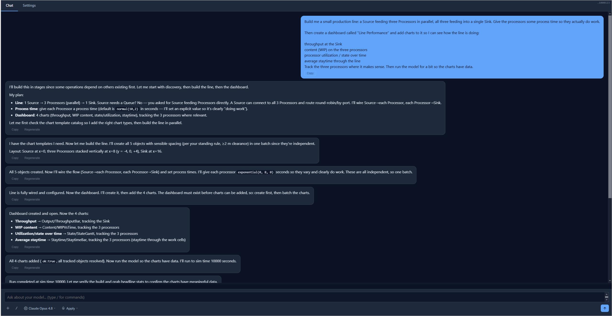 Modeler AI chat panel in FlexSim showing a user prompt to build a small production line with three parallel processors and a Line Performance dashboard, followed by the assistant's plan and the step-by-step build: objects created with spacing, flow wired, process times set, dashboard created, and four charts added.