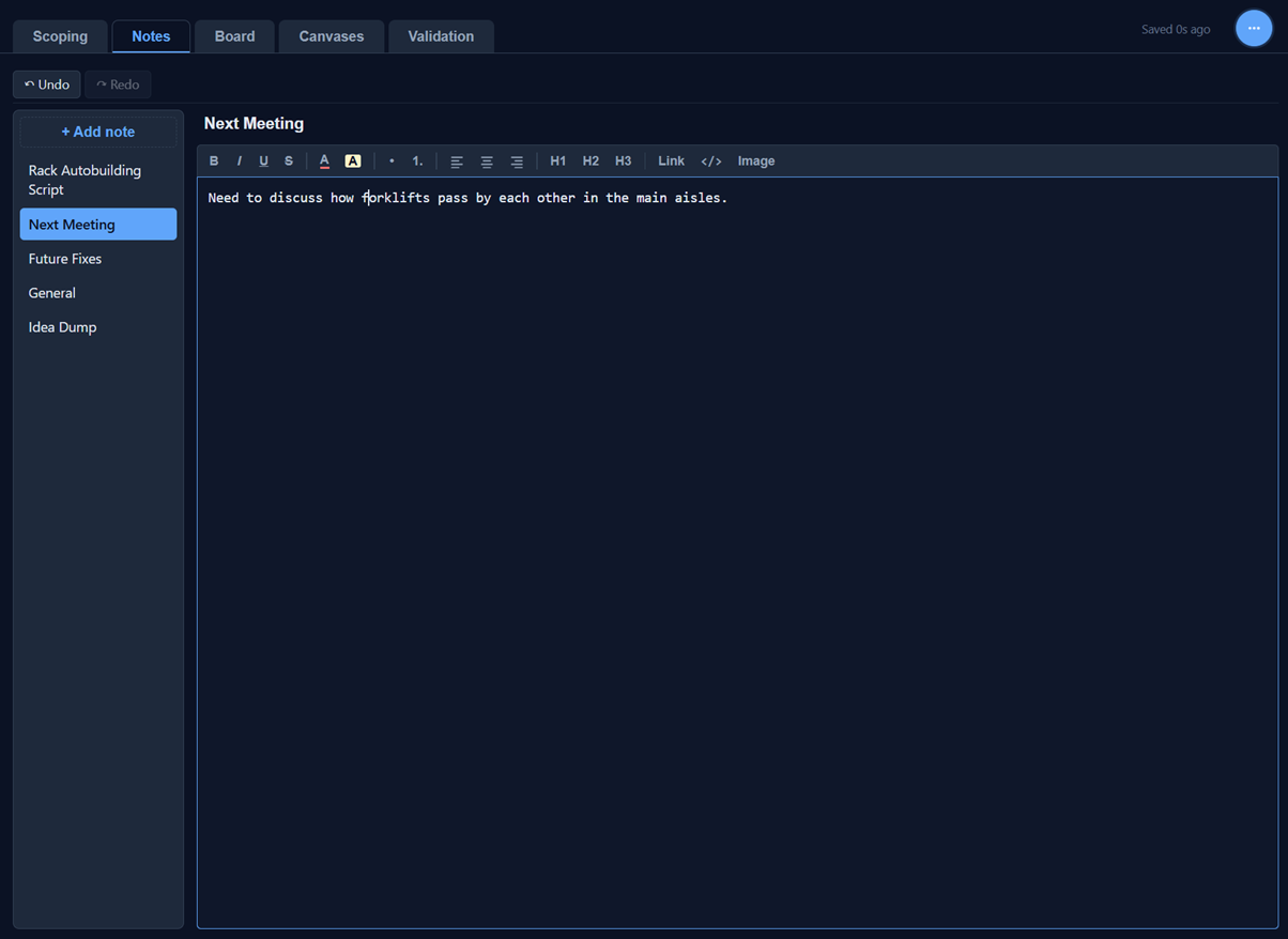 PracSim Notebook notes tab showing a sidebar of named notes (Rack Autobuilding Script, Next Meeting, Future Fixes, General, Idea Dump) and a rich-text editor on the right.