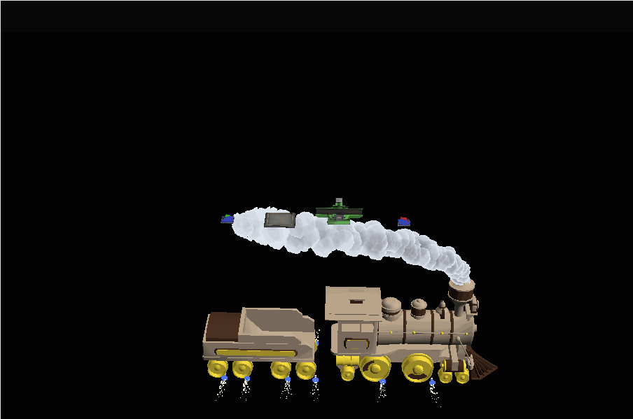 PracSim Particles emitting a stream of particles in a FlexSim 3D view, with smoke and spray effects animating in real time.